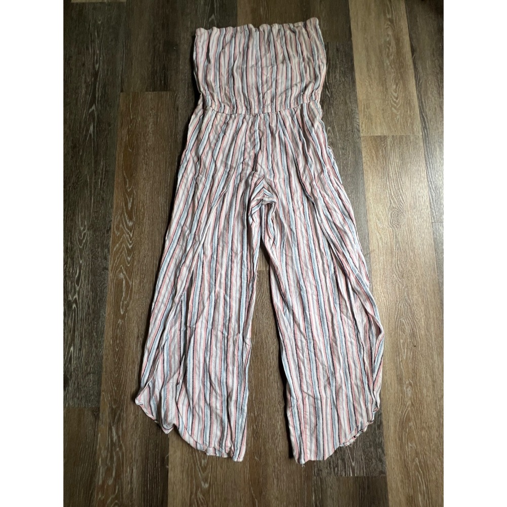 Drew Striped Strapless Jumpsuit Womens Medium Pink Blue Good Wide Leg Slit Boho